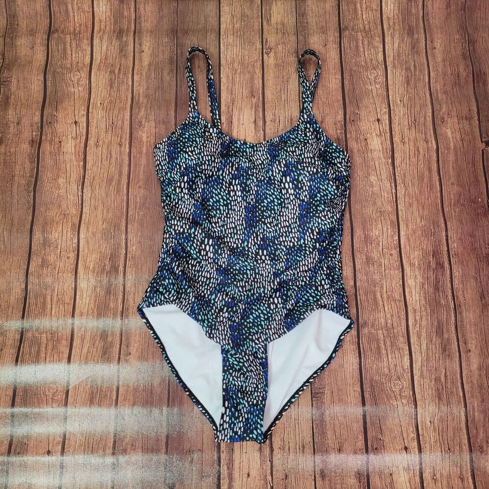 Nicole Miller Womens Seaside Dot One Piece Blue L Side Ruching Adjustable Strap